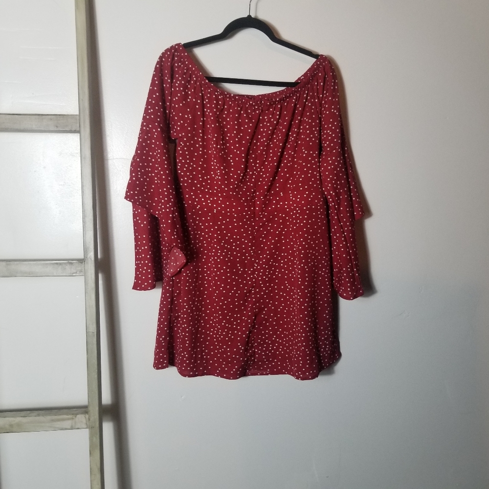 SHEIN RED AND WHITE POLKA DOT OFF THE SHOULDERS FLARED SLEEVES DRESS SIZE XL
